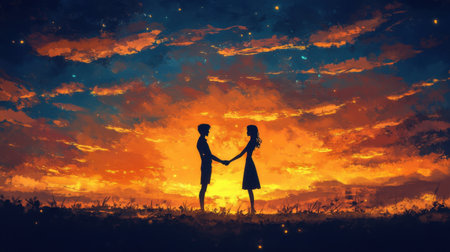 A stunning silhouette of a couple holding hands against a vivid sunset backdrop. The colors blend beautifully, creating a romantic atmosphere perfect for themes of love and connection.の素材