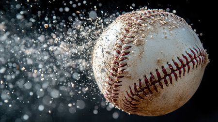 This dynamic image captures a baseball in mid-flight, surrounded by dust particles and blur effects, evoking the excitement of a tense moment in a game.の素材