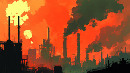 A dramatic industrial skyline during dusk, featuring silhouettes of factories and billowing smoke against a vibrant orange backdrop, highlighting pollution issues.の素材