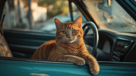 A charming orange tabby cat lounging in a classic car's interior, capturing a serene moment during sunset. The warm light highlights its playful expression and relaxed posture, making it a delightful image for animal lovers.の素材