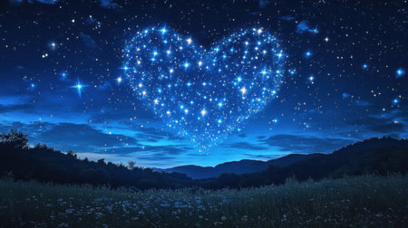 A mesmerizing night sky features a heart-shaped constellation amidst bright stars. This tranquil landscape evokes emotions of love and peace in nature.の素材