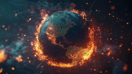 A stunning depiction of Earth engulfed in flames, symbolizing environmental crisis and global warming. This digital artwork highlights the urgent need for climate action.の素材