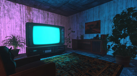A retro living room featuring a vintage television radiating a vibrant blue glow, surrounded by lush plants and stylish furniture in a cozy atmosphere.の素材