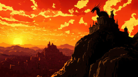 Breathtaking sunset view featuring a grand fantasy castle and a dragon silhouette, creating an enchanting atmosphere of adventure and mystery.の素材