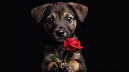 A charming young dog holds a red rose, gazing seriously at the camera. The black background highlights the dog's adorable features, perfect for expressing love and affection.の素材