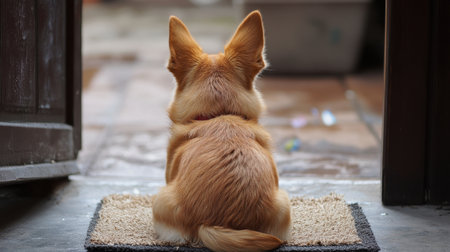 A charming scene of a dog sitting on a mat at the doorway, enjoying a peaceful moment. The dog's fluffy fur and alert ears convey innocence and tranquility, perfect for pet lovers.の素材