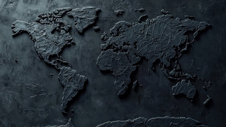 A striking world map textured with a dark finish, perfect for accentuating geographic themes in design projects. Ideal for backgrounds and presentations.の素材
