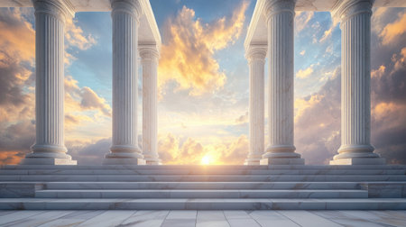 Stunning view of ancient columns against a breathtaking sunset sky, showcasing architectural beauty and tranquility. Perfect for themes of history and serenity.の素材