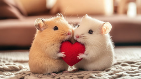 Two adorable hamsters, one golden and one white, embrace a plush heart toy, showcasing warmth and affection in a cozy indoor environment.の素材