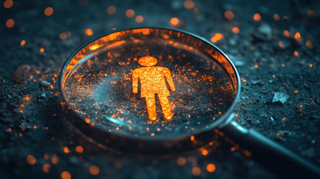 A close-up image of a person silhouette appearing through a magnifying glass surrounded by sparkling particles, creating an atmosphere of exploration and curiosity.の素材