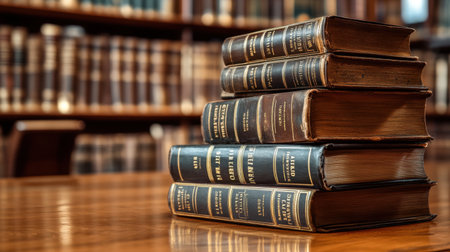A captivating arrangement of vintage leather-bound books stacked elegantly in a grand library. This image evokes a sense of scholarly pursuit and timeless knowledge.の素材