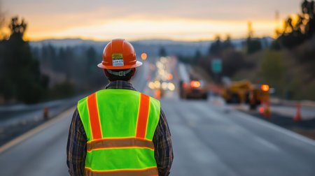 A construction worker stands on a highway at sunset, wearing a safety vest and hard hat. The scene captures the essence of labor and infrastructure development.の素材