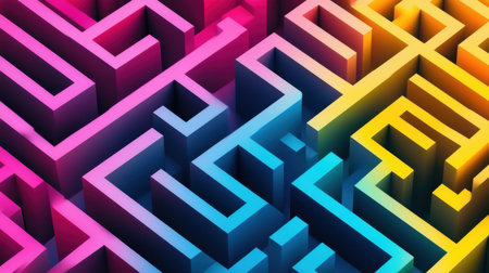 Explore this vibrant abstract maze design featuring vivid colors and 3D depth. It combines geometric shapes and smooth lines, creating a captivating visual illusion.の素材