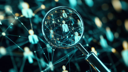A close-up view of a magnifying glass focused on a digital network of human icons, symbolizing analysis, connection, and innovation in modern technology and communication.の素材