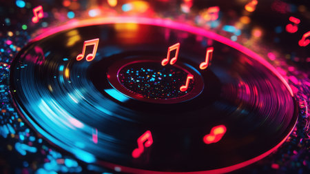 A vibrant vinyl record surrounded by floating music notes in a colorful abstract environment, capturing the essence of sound and creativity in a festive atmosphere.の素材