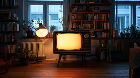 A vintage television glowing warmly in a cozy living room filled with plants and a stylish lamp. This serene setting captures a nostalgic atmosphere perfect for relaxation.の素材