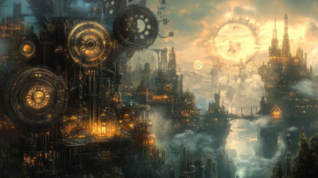 A breathtaking steampunk cityscape showcasing intricate machinery under a twilight sky. The scene exudes a blend of fantasy and industrial beauty, inviting exploration.の素材