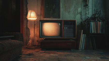 A vintage television on a wooden stand, surrounded by a softly lit room. The textured walls and cozy atmosphere evoke nostalgia and a sense of solitude.の素材