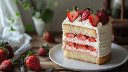 A beautiful slice of fresh strawberry cake showcasing layers of fluffy sponge cake, luscious cream, and ripe strawberries, perfect for celebrations and gatherings.の素材