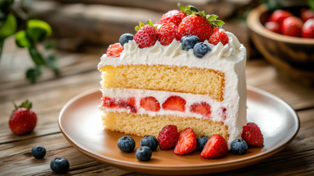 A beautifully decorated layered cake showcasing fresh berries and whipped cream, perfect for any celebration or gathering. Enjoy the vibrant colors and flavors.の素材