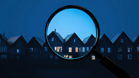 A captivating night scene featuring houses illuminated softly under a dark sky, enhanced by a magnifying glass effect that evokes curiosity and mystery.の素材