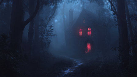 A haunting scene of a dark house in a foggy forest, featuring glowing red windows that evoke mystery and suspense. Perfect for storytelling and atmospheric visuals.の素材