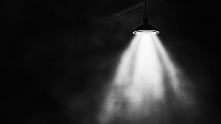 A striking black and white image featuring a spotlight casting bright light into a darkened space, creating a dramatic and minimalistic ambiance ideal for various artistic projects.の素材