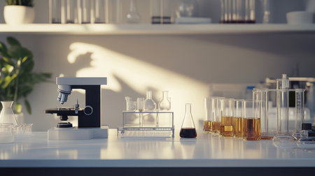 A bright laboratory workspace featuring a microscope and various glassware. The setting is designed for scientific research and experimentation, emphasizing cleanliness and organization.の素材