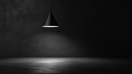 A striking minimalist pendant light hangs in a dark room, creating a tranquil atmosphere. The interplay of light and shadow evokes a sense of solitude and elegance.の素材