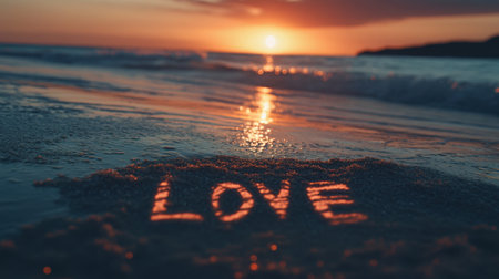 A captivating sunset scene features the word "love" beautifully etched in the sand. Gentle waves lap at the shore, creating a romantic and tranquil atmosphere perfect for couples and nature lovers.の素材