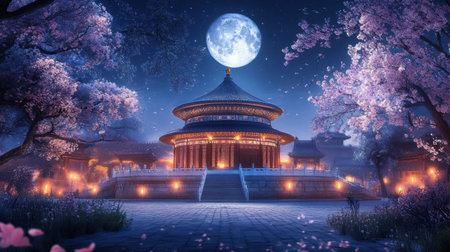 A tranquil night scene featuring a traditional Asian temple amidst blooming cherry blossom trees. Brightly lit by a full moon, this serene landscape evokes calmness and beauty.の素材