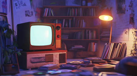 A cozy vintage room featuring a retro television set and a delightful collection of vinyl records, creating a warm ambiance filled with nostalgia and personality.の素材