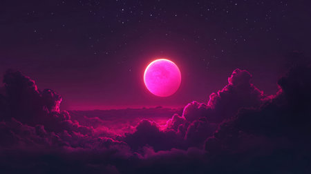 A stunning scene showcasing a vibrant pink moon casting a soft glow over dramatic clouds, creating an ethereal atmosphere against the nighttime sky.の素材