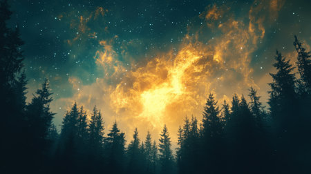 A serene forest backdrop unfolds under a starry sky, illuminated by a dramatic celestial glow. This captivating scene evokes a sense of tranquility and wonder.の素材