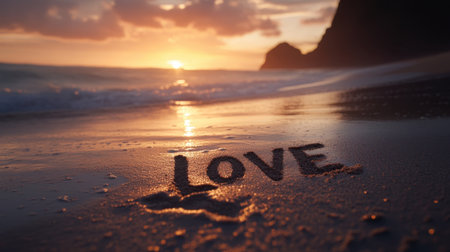 A romantic beach scene featuring the word "love" elegantly written in the sand, set against a stunning ocean sunset. The tranquil atmosphere evokes feelings of peace and connection.の素材