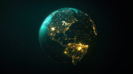 Stunning digital representation of Earth highlighting illuminated cities against a dark backdrop, symbolizing global connectivity and technological advancement.の素材