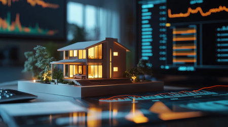 A detailed architectural model of a modern home is showcased alongside data analytics displays. This composition highlights innovation in real estate and design.の素材