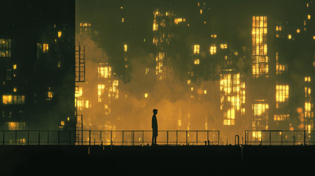 A striking silhouette stands against a glowing urban landscape, depicting a dystopian scene filled with lights and smoke. This atmospheric image evokes feelings of solitude and exploration in a surreal setting.の素材