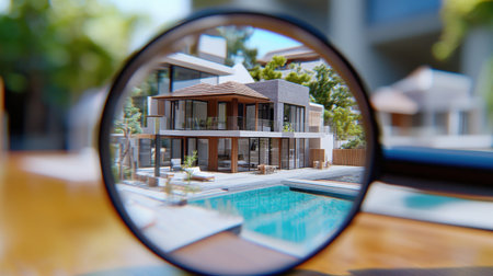 A stunning modern luxury villa viewed through a magnifying glass, highlighting architectural details, pool, and outdoor space, perfect for real estate and design themes.の素材