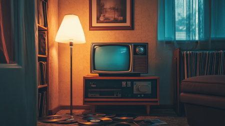 A cozy vintage living room featuring a retro television, soft lamp glow, and scattered vinyl records, creating a nostalgic atmosphere for music lovers.の素材