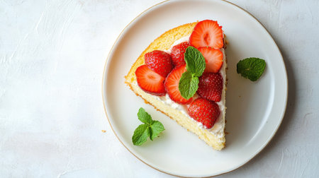 A delectable slice of strawberry cake garnished with fresh mint leaves. Perfect for dessert lovers seeking a vibrant and sweet treat. Ideal for summer gatherings.の素材