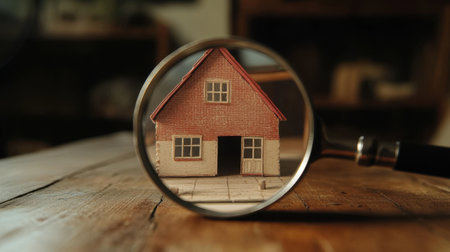 A detailed view of a miniature house magnified through a lens, resting on a wooden table. This image captures the essence of home and craftsmanship, inviting exploration.の素材