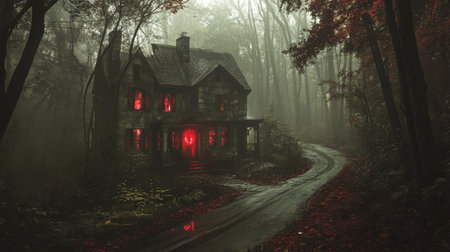 An eerie abandoned house sits in a misty forest, illuminated by red lights. The overgrown path leads through autumn foliage, creating a mysterious, haunting atmosphere.の素材