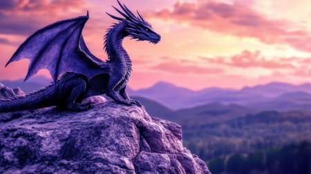 A striking black dragon rests on a rocky ledge, gazing over a breathtaking sunset landscape, featuring majestic mountains and vibrant sky colors.の素材