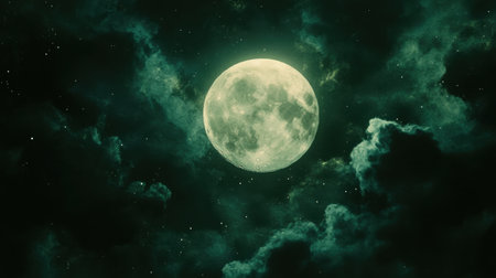 A stunning full moon shines through enigmatic clouds in a dark night sky, creating a mystical atmosphere filled with tranquility and beauty. Perfect for nature-themed projects.の素材