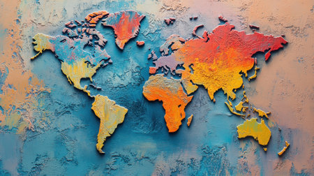 Colorful abstract world map with intricate relief and vibrant textures. A captivating piece perfect for art enthusiasts and travel lovers, enhancing any space.の素材