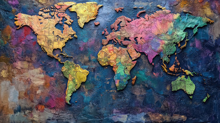 Vibrant and colorful artistic world map with a textured background. Perfect for educational, travel, or decorative purposes, showcasing continents in vivid hues.の素材