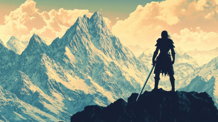 A powerful silhouette of a warrior stands on a rocky peak, overlooking majestic mountains. The dramatic sky adds a sense of adventure and mystery, perfect for a fantasy theme.の素材