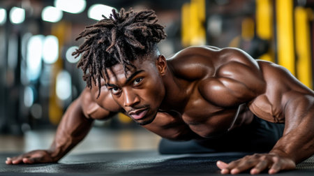 A muscular man performs push-ups in a gym, showcasing strength and focus. His intense expression reflects dedication to fitness and healthy lifestyle choices.の素材