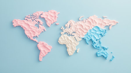 This artistic relief map features a unique design with pink and blue colors showcasing continents in a creative way. Perfect for educational, travel, or design purposes.の素材